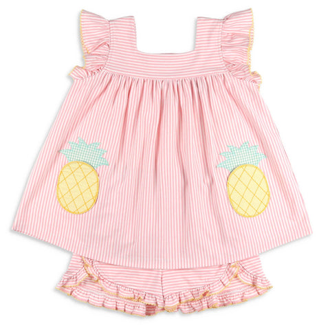 two piece pink and white striped set with a pineapple on it