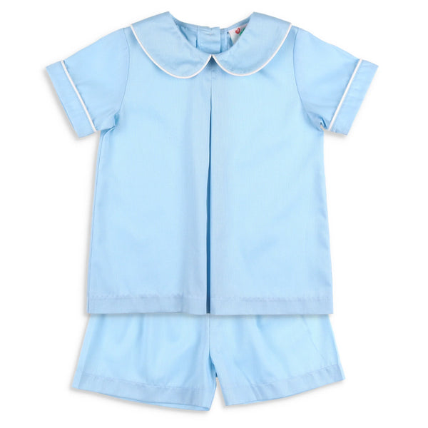 little boy's blue top and shorts Easter outfit