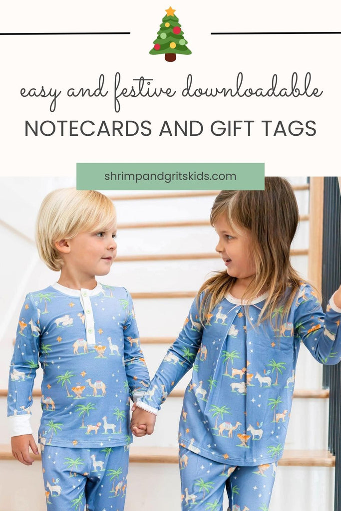 two kids in pajamas smiling pinterest pin - downloadable gift tags and notecards