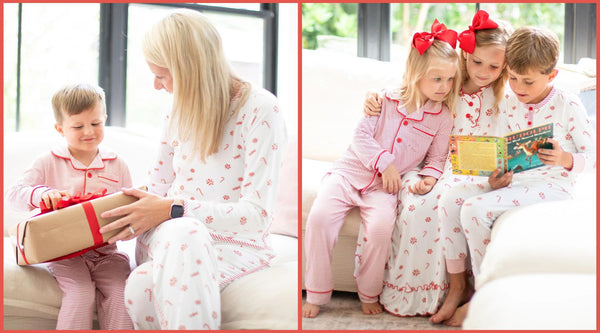 mom and son reading books in Christmas pajamas and on the other side is kids reading books