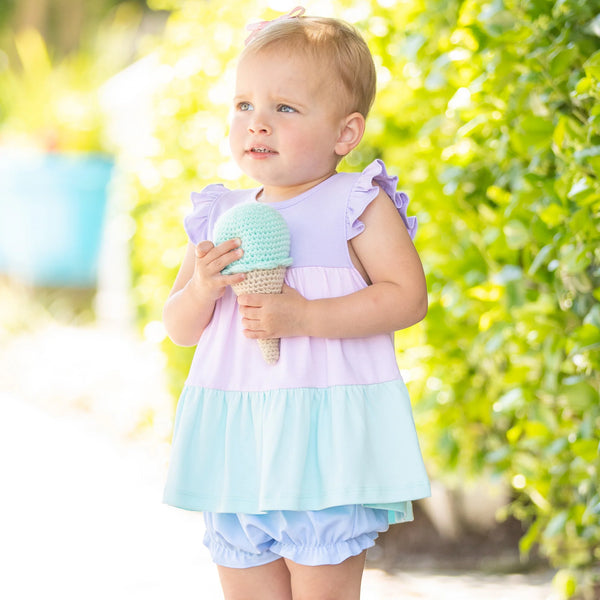 pink, purple, and blue shirts and shorts set