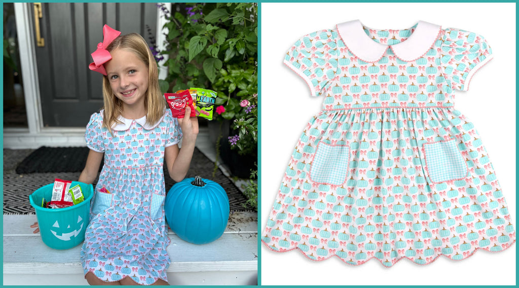 little girl on front porch with teal pumpkins