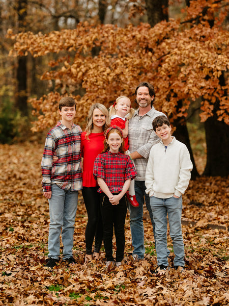 family of 6 smiling in a fall photo - Q and A With Amilee Sanders - Shrimp and Grits Kids Hostess