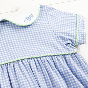 library font monogrammed on blue check baby outfit