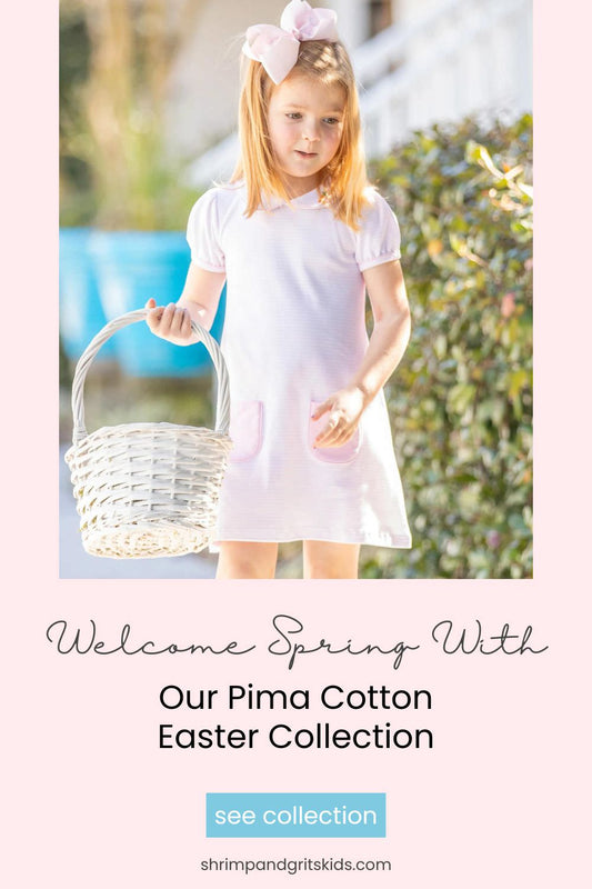 little girl in a pima cotton Easter dress pinterest image