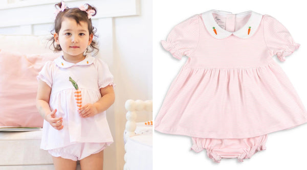 little girl holding a carrot stuffed toy in a pima cotton set outfit