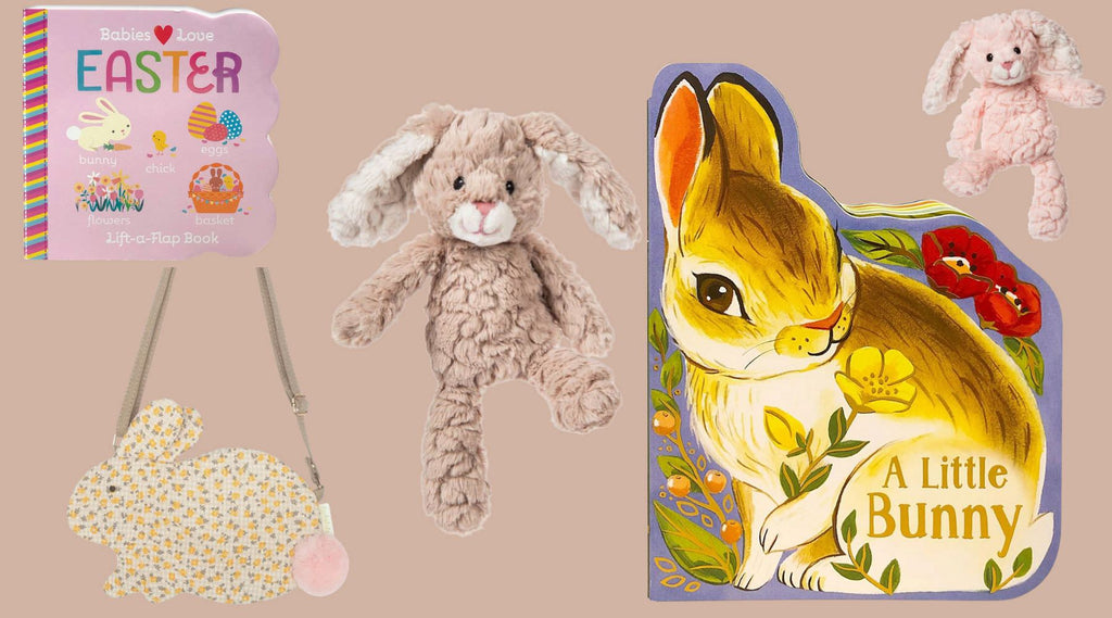 Easter books, bunny stuffed animals and a rabbit purse