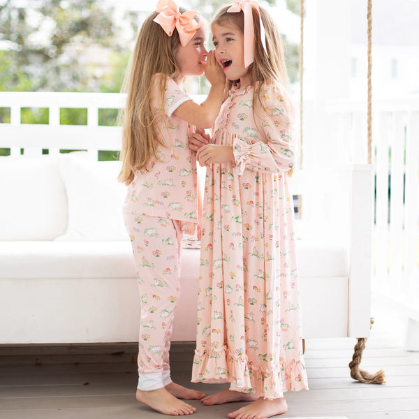2 little girls in bunny pajamas