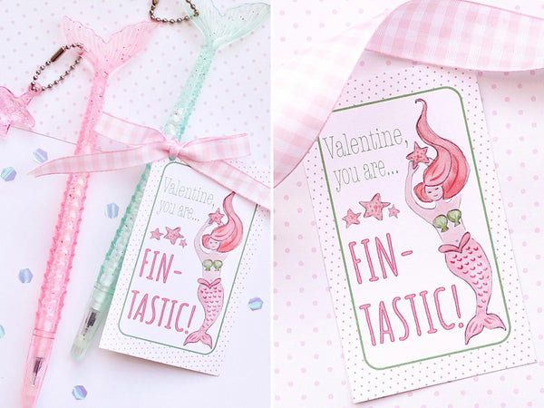 printable valentine's day cards with mermaids on them paired with a mermaid pen