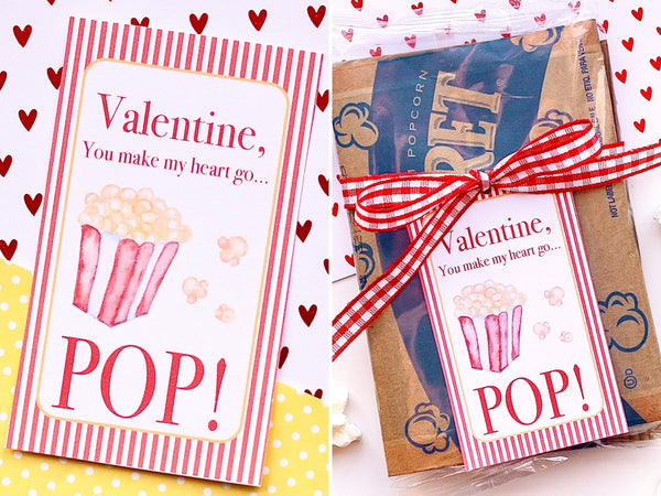 printable valentine's day cards with popcorn on it tied to a bag of microwavable popcorn