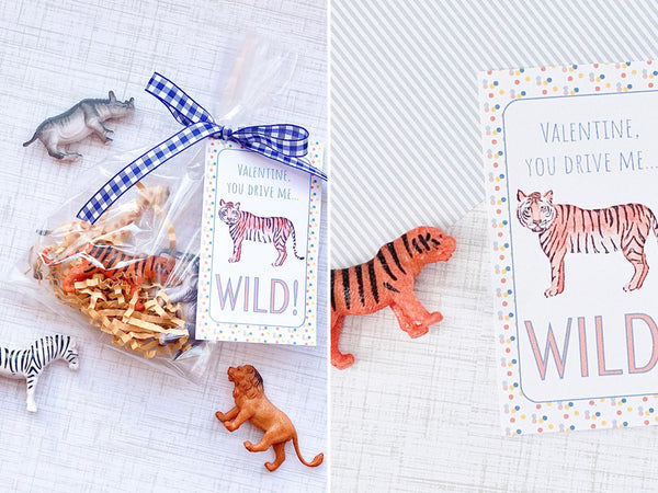 printable valentine's day cards with wild animals on it attached to a gift bag with plastic toy wild animals