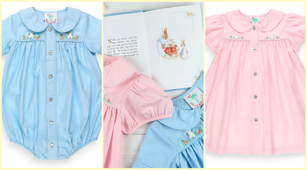 Adorable Sibling Matching Outfit Ideas for Easter - light blue bubble and light pink dress