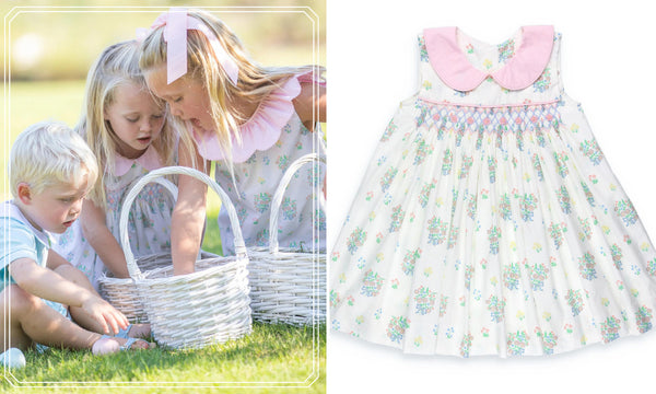 3 kids looking in Easter baskets - Smocked Baby Clothes for Girls