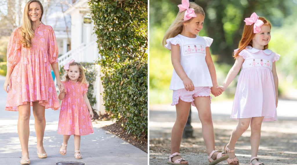 mom and daughter matching dresses walking down the street and two little girls holding hands walking down the street