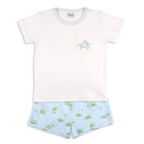 white pima cotton shirt with a turtle on it and blue pima cotton turtle shorts  - the charleston collection clothing release