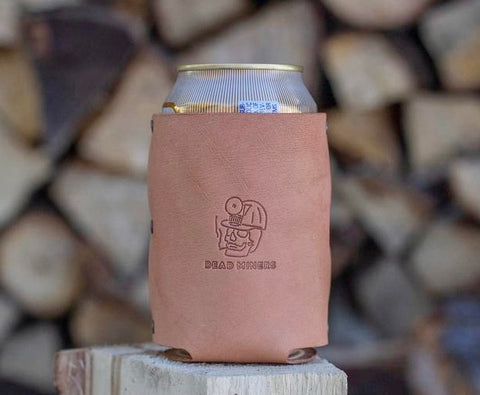 Leather beer can coozie from Dead Miners Handmade Goods, Keweenaw Peninsula, Michigan