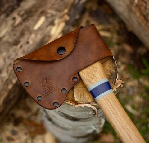 Leather axe blade sleeve from Dead Miners Handmade Goods, Keweenaw Peninsula, Michigan