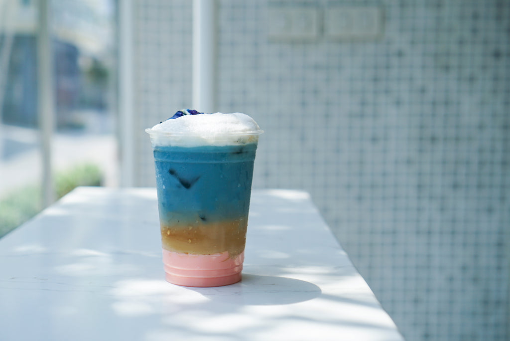 Rainbow iced latte coffee