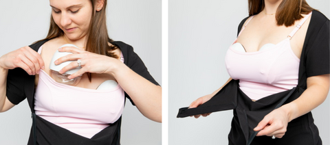 Woman modeling how to wear a wearable breast pump