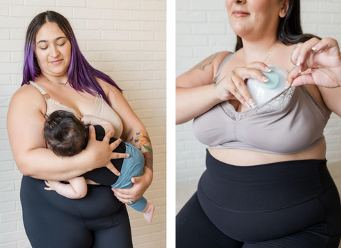 Woman breastfeeding and woman using a breast pump