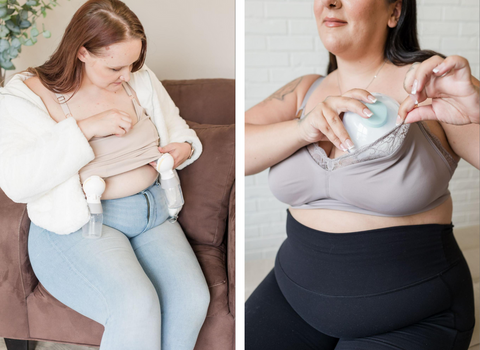 two women using wearable breast pumps and wearing Davin & Adley bras