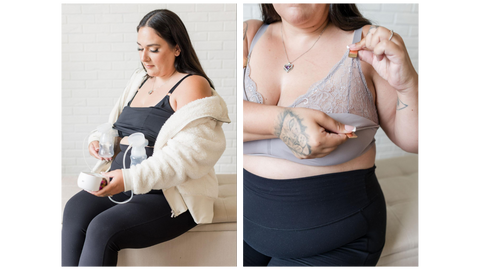 woman using a breast pump and woman wearing a Davin & Adley Ella Bralette. 