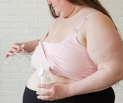 amelia pumping and nursing crop cami in petal pink with spectra breast pump