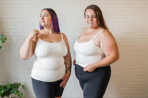 two women modeling Davin & Adley nursing and pumping tanks