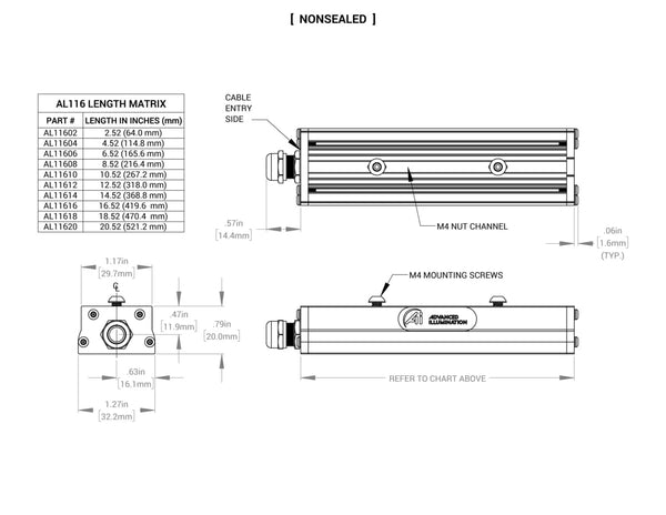 AL116 High Dispersion Wide Bar Lights Mechanical Specs | Advanced Illumination