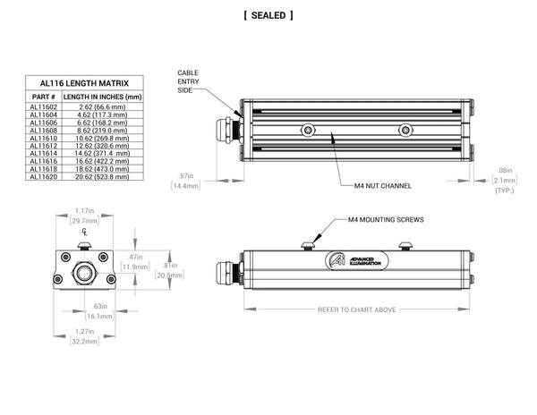 AL116 High Dispersion Wide Bar Lights Mechanical Specs | Advanced Illumination