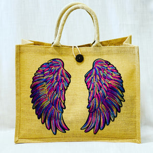 Rainbow Angel Wing Jute Bag