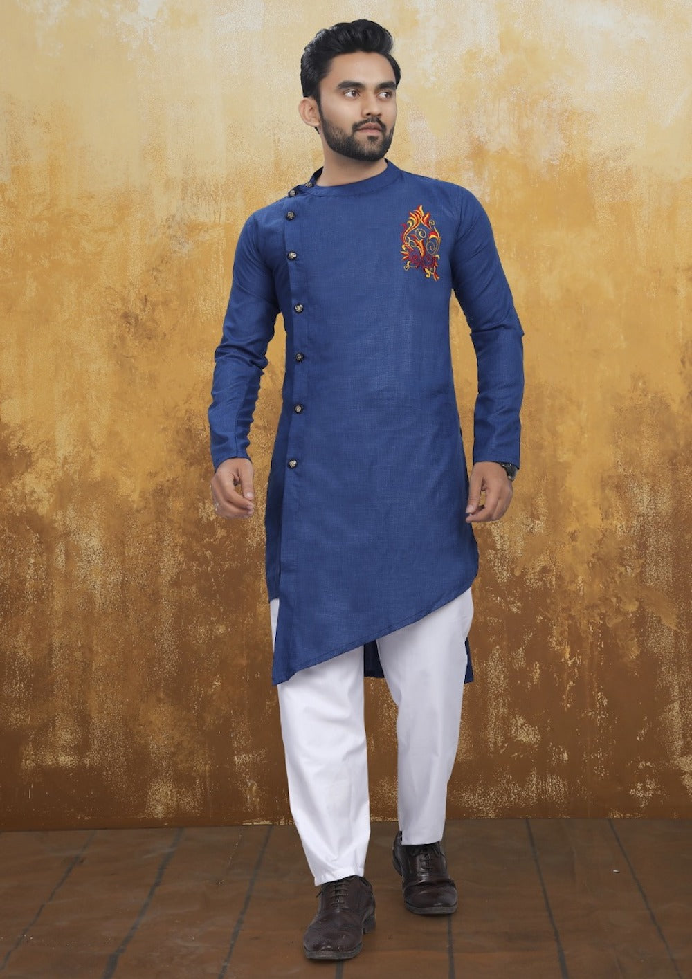[Available] Men's Cross Style Navy Blue Kurta with Embroidery Set