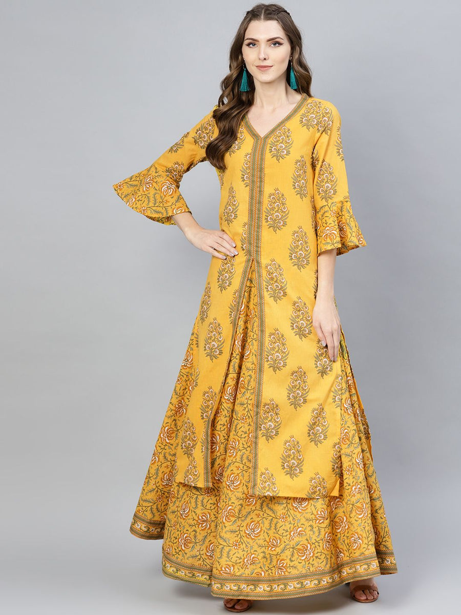 [Available] Yellow Floral Printed Kurta & Skirt Set – Navastrani Boutique