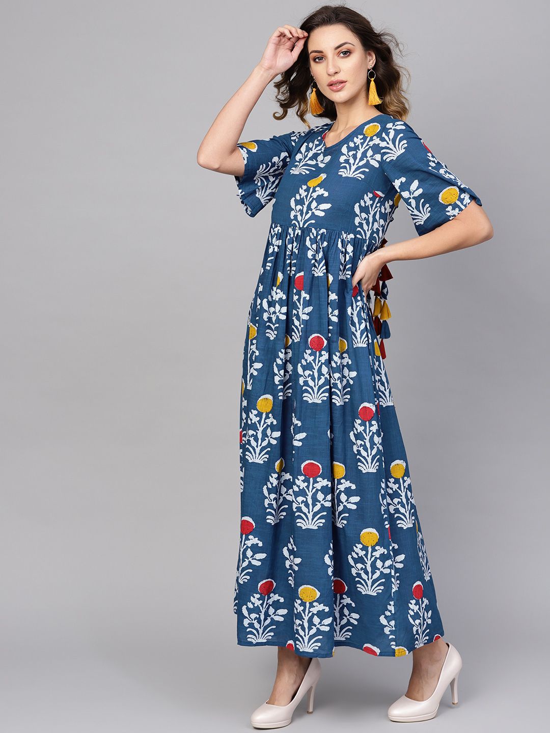 [Available] Indigo Printed Maxi Dress With Drawstrings & Tassle ...
