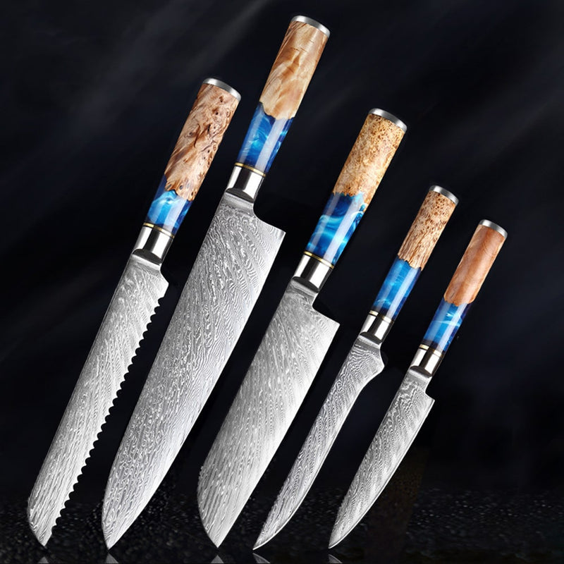 Damascus Steel Knives with Blue Resin Handle