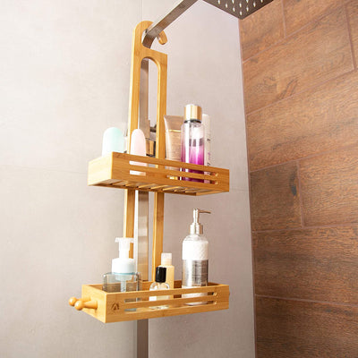 Crew & Axel Bamboo Hanging Shower Caddy Made from Natural Bamboo 2 Level  Storage Organizer Anti Rust/Mold Slip-Free - Over The Shower Head Caddy  Long, Crew & Axel