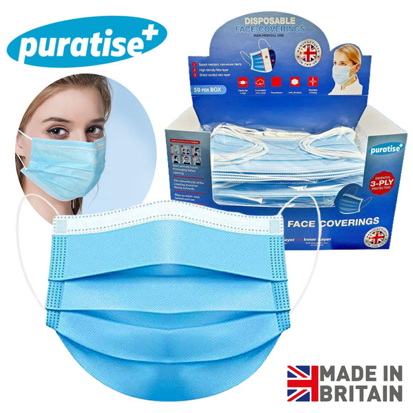 Puratise Disposable 3 Ply Face Masks- 50 Per Box- Made in the UK 0