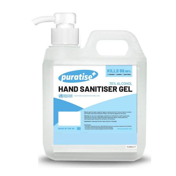 Puratise 1 Litre Hand Sanitiser Gel with Pump to fit 38mm Neck 0