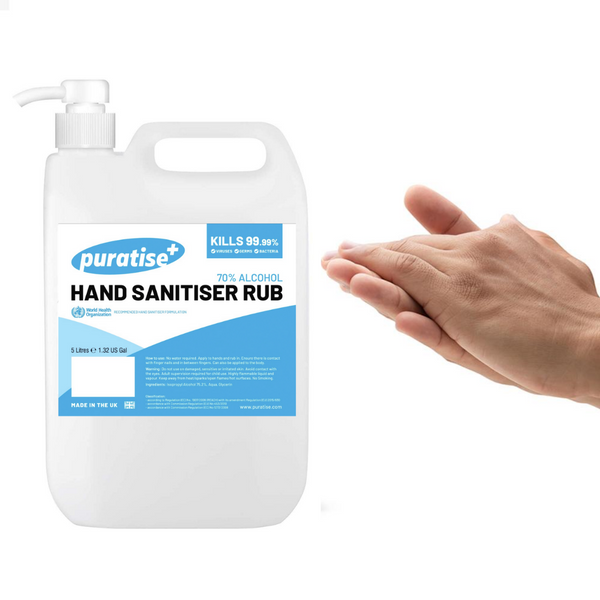 PURATISE Hand Sanitiser RUB 5 Litres with Pump Melbec Microbiology Approved BSEN 1276:2019 & BSEN1500:2013 1