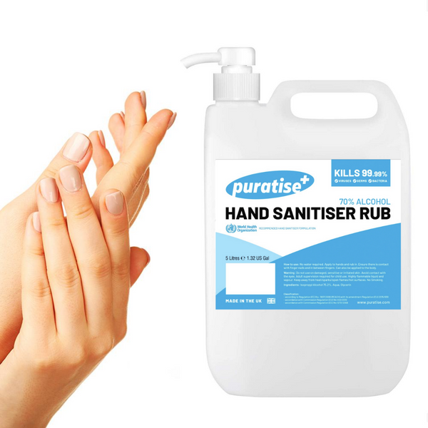 PURATISE Hand Sanitiser RUB 5 Litres with Pump Melbec Microbiology Approved BSEN 1276:2019 & BSEN1500:2013 2