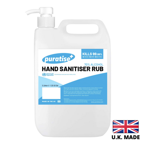 PURATISE Hand Sanitiser RUB 5 Litres with Pump Melbec Microbiology Approved BSEN 1276:2019 & BSEN1500:2013 3
