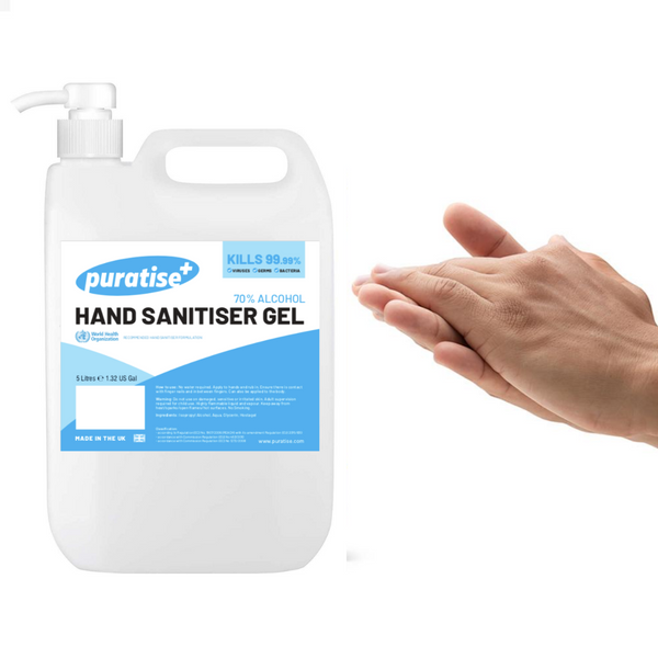 PURATISE Hand Sanitiser GEL 5 Litres with Pump - Melbec Microbiology Approved BSEN 1276:2019 & BSEN1500:2013 2