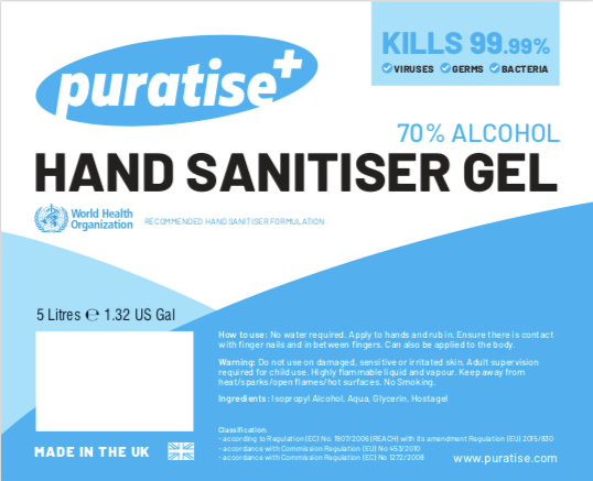 PURATISE Hand Sanitiser GEL 5 Litres - Melbec Microbiology Approved BSEN 1276:2019 & BSEN1500:2013 1