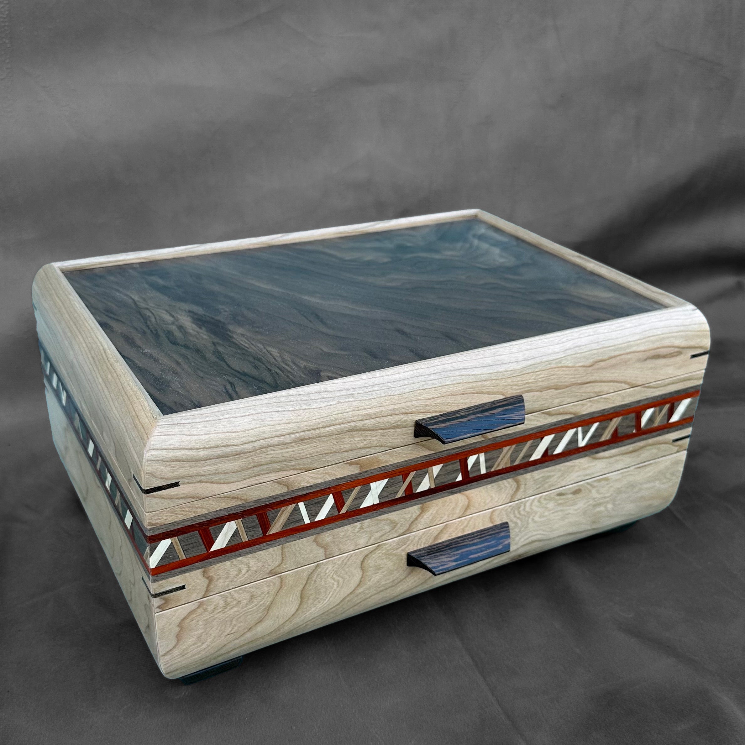 SELECT Sophisticated Jewelry Chest Cherry with Walnut lid and Walnut and Padauk Stripe with Crisscross Accent