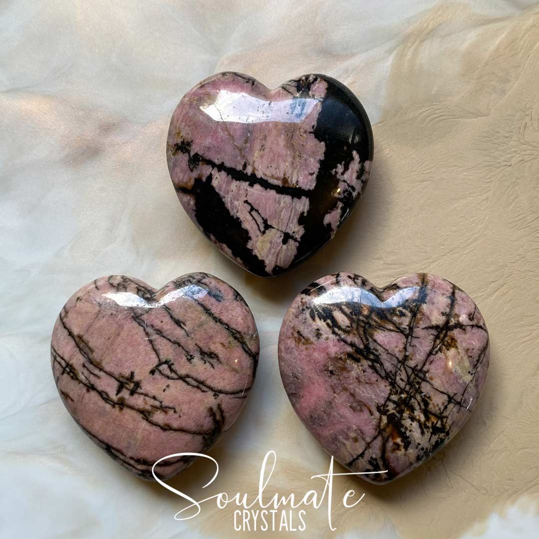 Soulmate Crystals Rhodonite Polished Crystal Heart, Pink Crystal for Unconditional Love, Forgiveness, Self-Worth, Passion