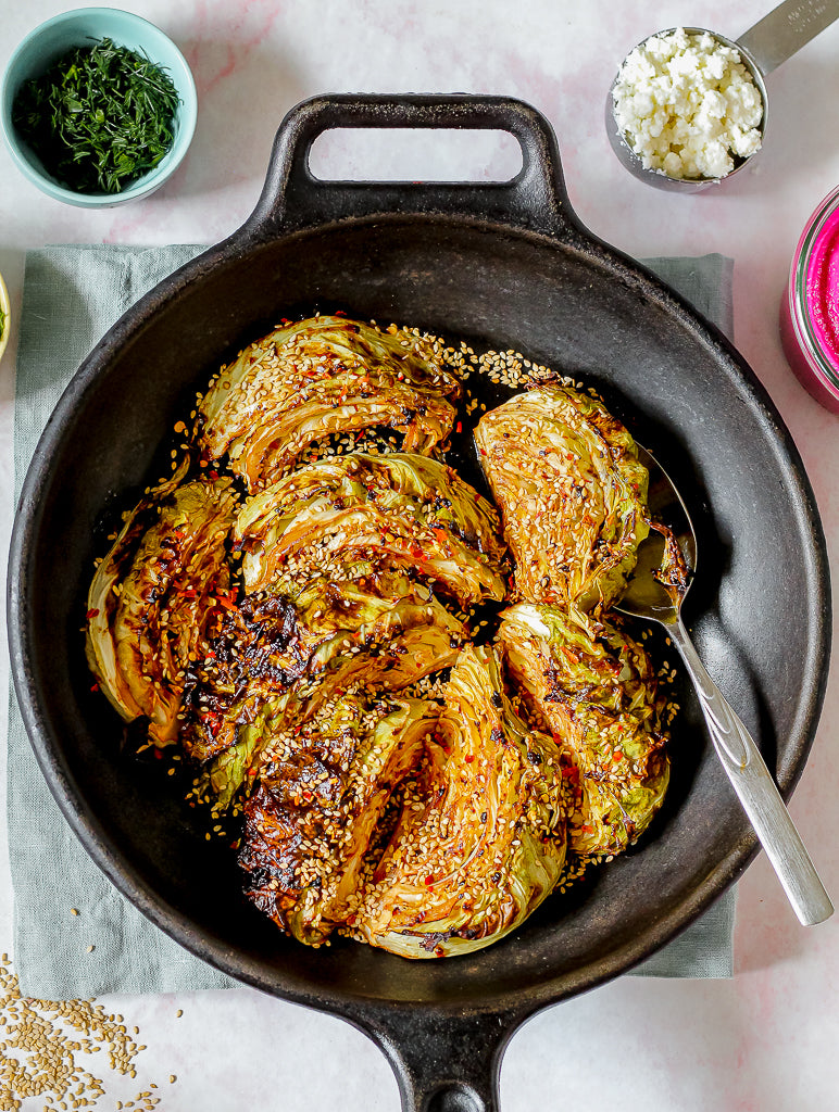 Beet Pesto Pasta with Miso Butter Charred Cabbage recipe