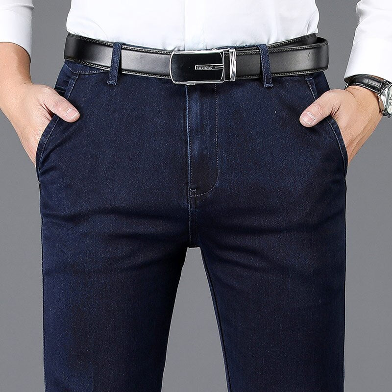 Autumn and Winter Classic Men's High Waist Business Jeans Dark Blue Straight Elasticity Denim Trousers Male Brand Thick Pants