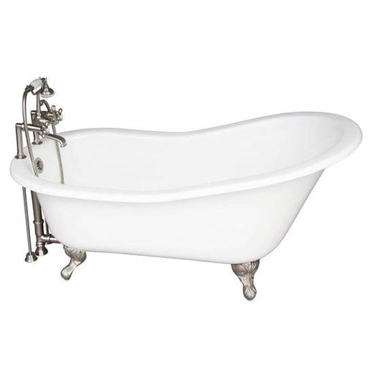 Barclay 5 Ft. Cast Iron White Slipper Tub Kit with Brushed Nickel Accessories, Metal Cross Handle
