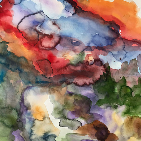A watercolour painting. The paint swirls together in oranges, purples, and greens.