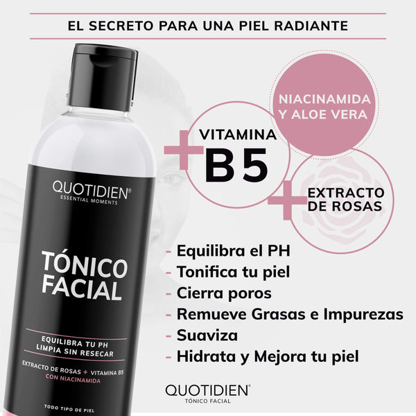 Tónico Facial con Agua de Rosas + Vitamina B5 + Niacinamida - Sin Fragancia - Sin Alcohol Etílico - 97% Ingredientes Naturales - 350ml (Mayoreo)